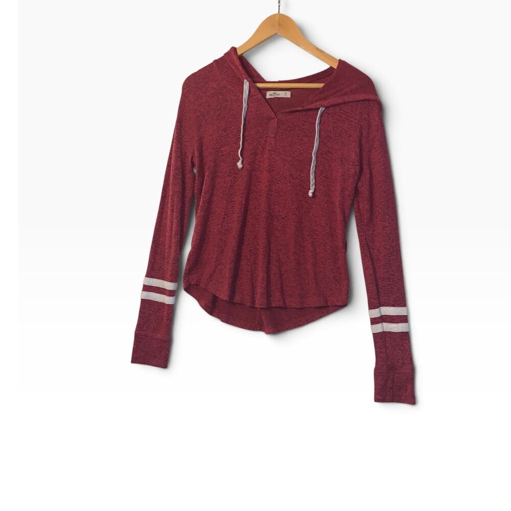 Hollister Lightweight Burgundy Hoodie Thin Knit Varsity Stripe -XS